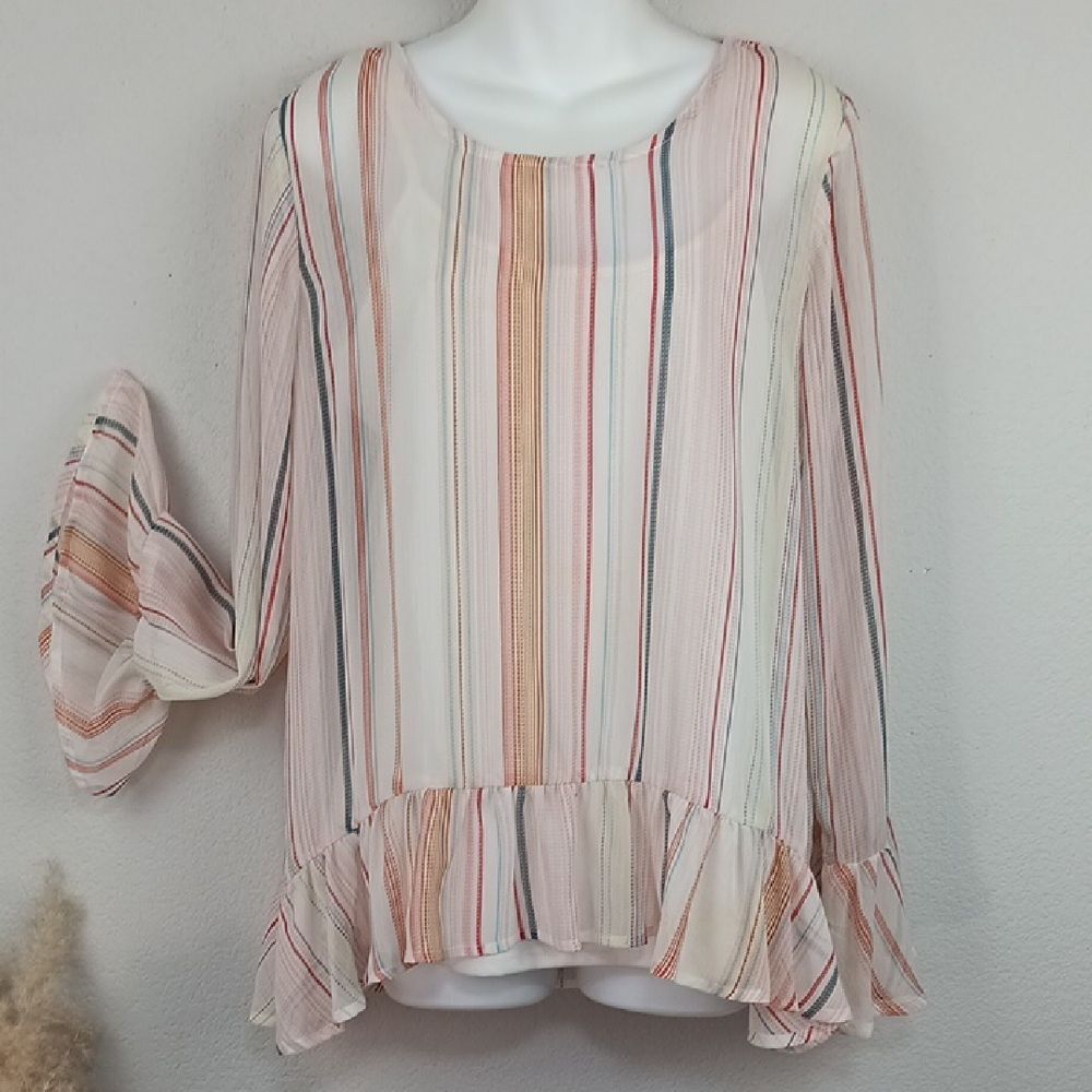 Bobeau Multicolor Sheer Long Sleeve Striped Blouse with Ruffle Hem Sz L Boho